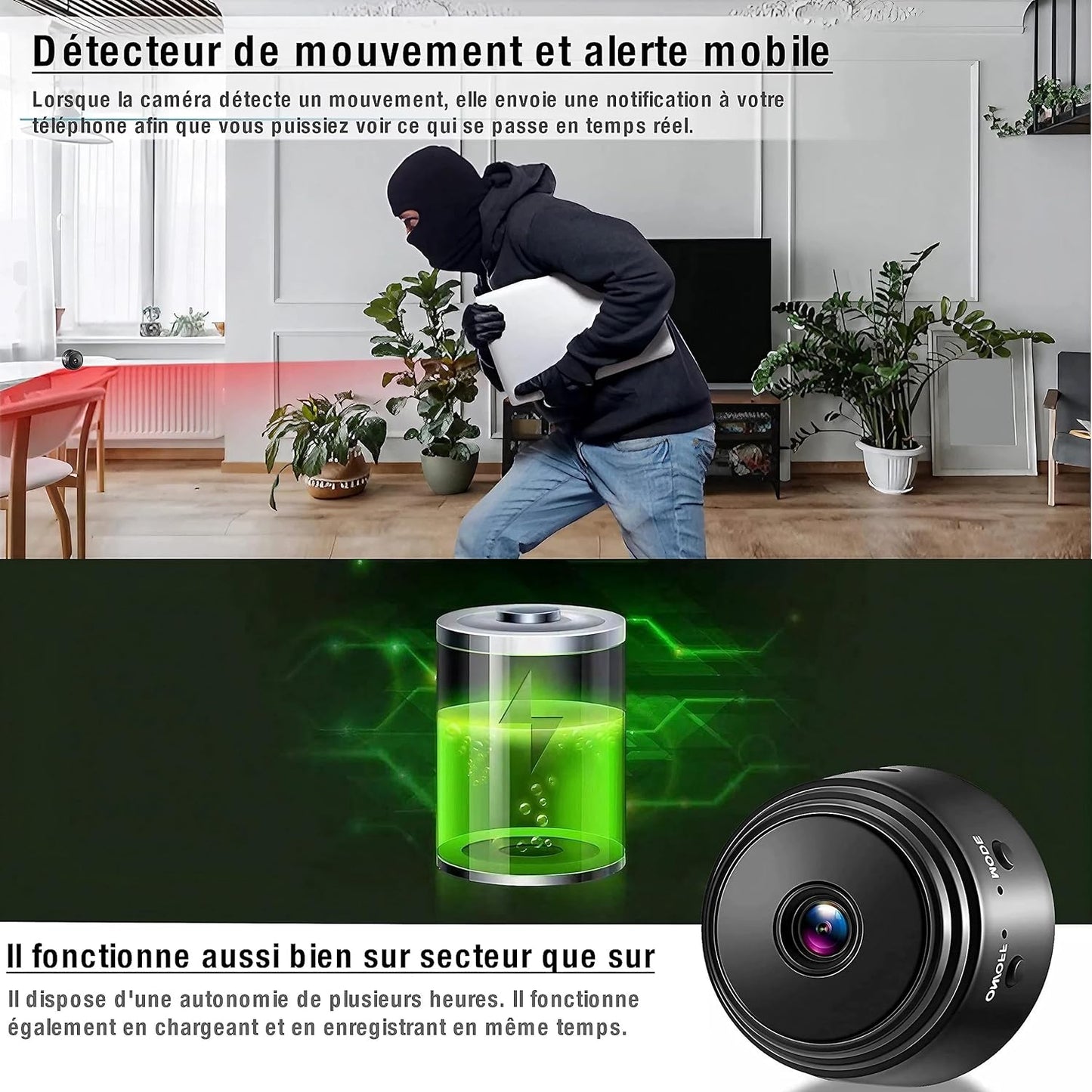 Mini Camera Espion sans Fil WiFi, Camera Surveillance WiFi Exterieure sans Fil, Caméra Espion avec Détection De Mouvement, Vision Nocturne Infrarouge, Image en Direct, Enregistrement Audio Et Vidéo